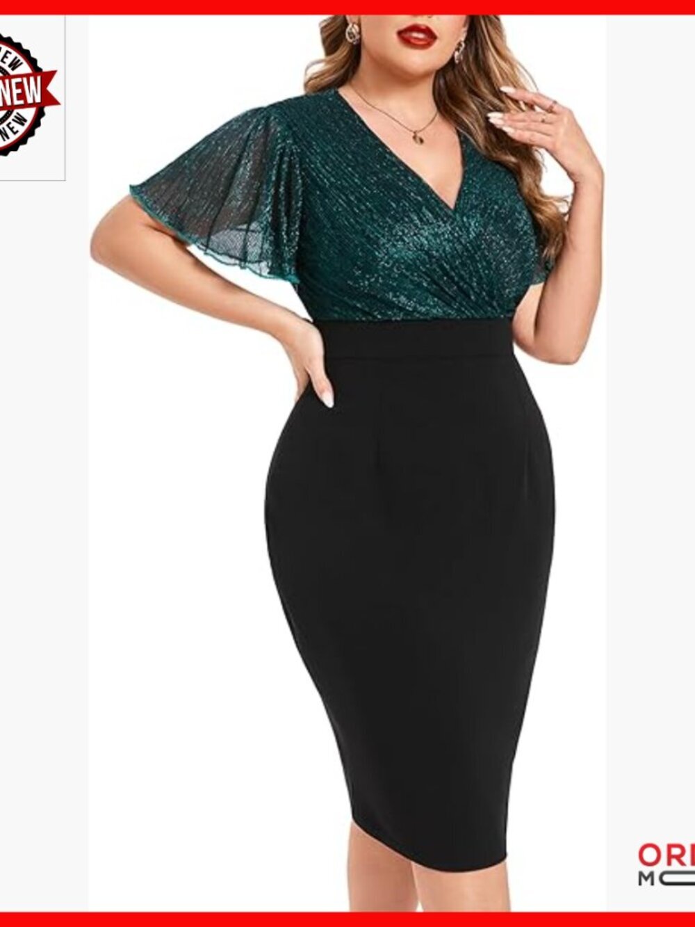 Plus Size Sparkly Bodycon Dress Ruffle Sleeve V Neck Wrap Midi